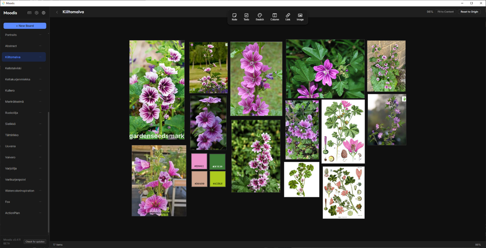 Moodis app showing a botanical mood board with flower references