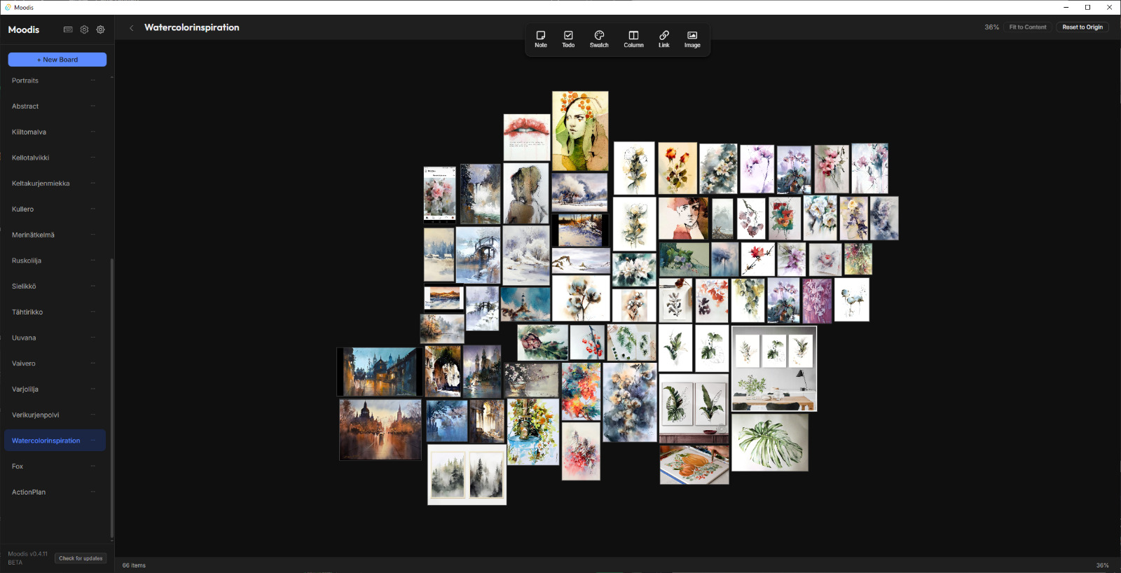 Moodis app displaying a watercolor inspiration collection