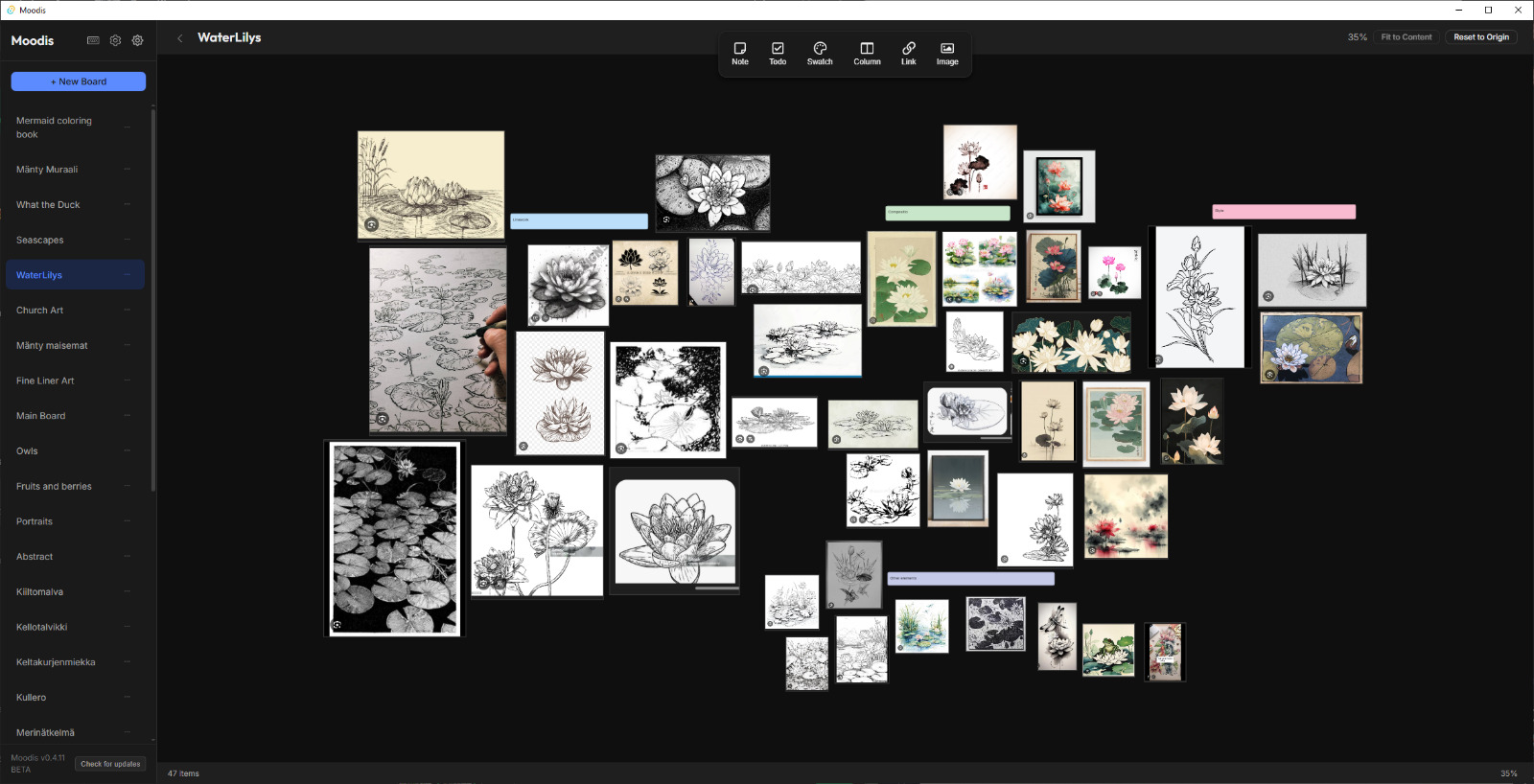 Moodis app with a water lilies art reference board